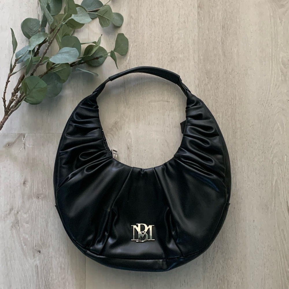 Barley Mischka black bag‎ round ruched vegan leather